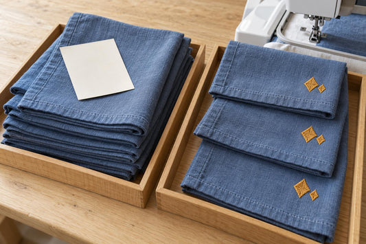 Prepared blue cotton towels and embroidered towels in separate work trays