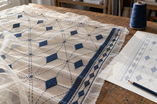 Blue geometric embroidery on sheer ivory fabric beside a design overview and thread cone