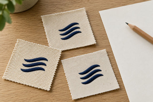 Three canvas embroidery sample concepts beside a blank brief sheet and pencil