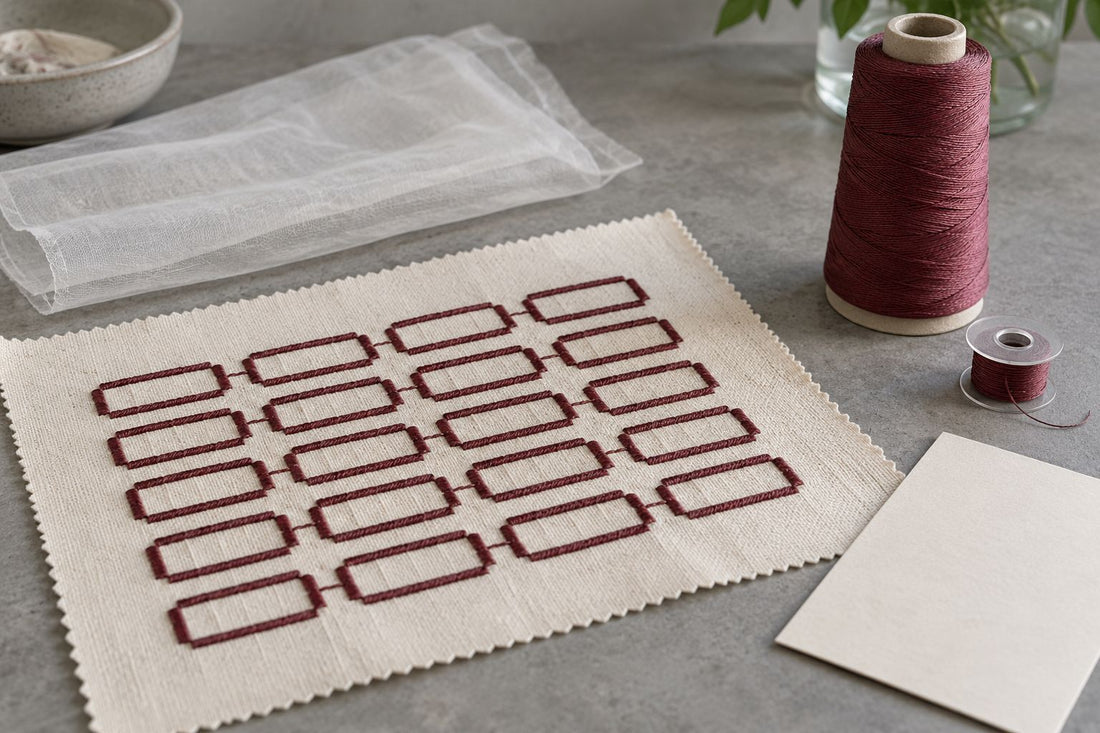 Burgundy embroidered ivory reference fabric with thread, bobbin and support materials