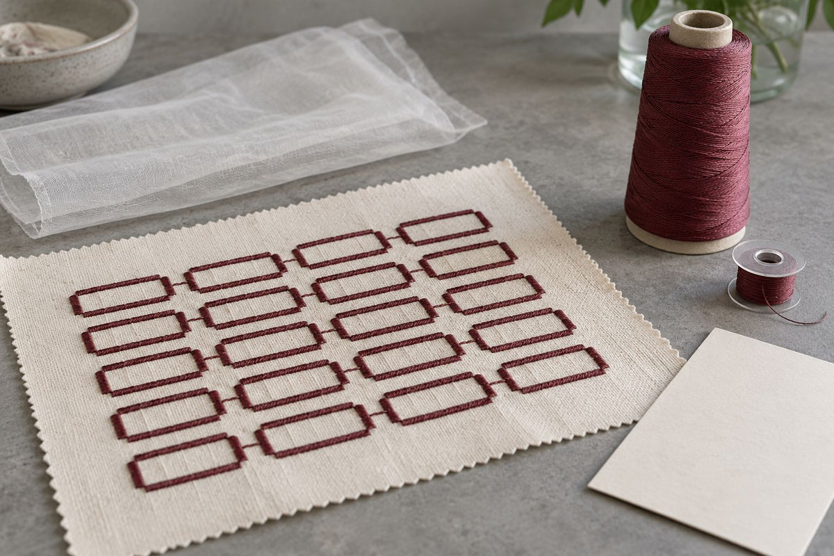 Burgundy embroidered ivory reference fabric with thread, bobbin and support materials