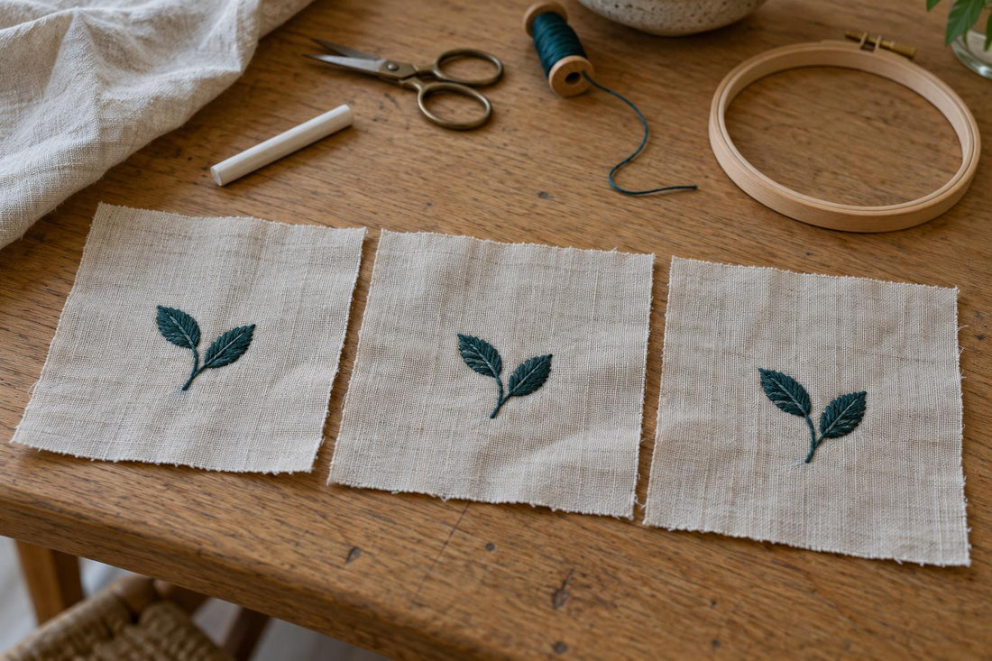 Three linen practice squares with matching teal leaf embroidery on a sewing worktable