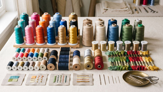 Machine and hand embroidery threads arranged by fiber, finish and weight