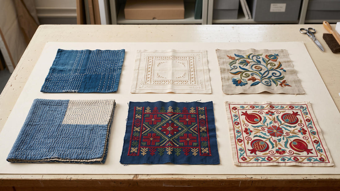 Separate textile samples representing embroidery traditions from several regions