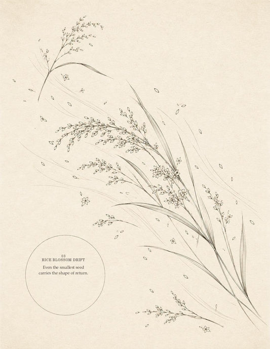 Rice Blossom Drift botanical drawing organized around a large open circular reserve