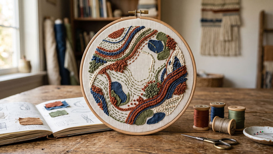 Abstract freeform hand embroidery with layered lines, knots, appliqué and open negative space