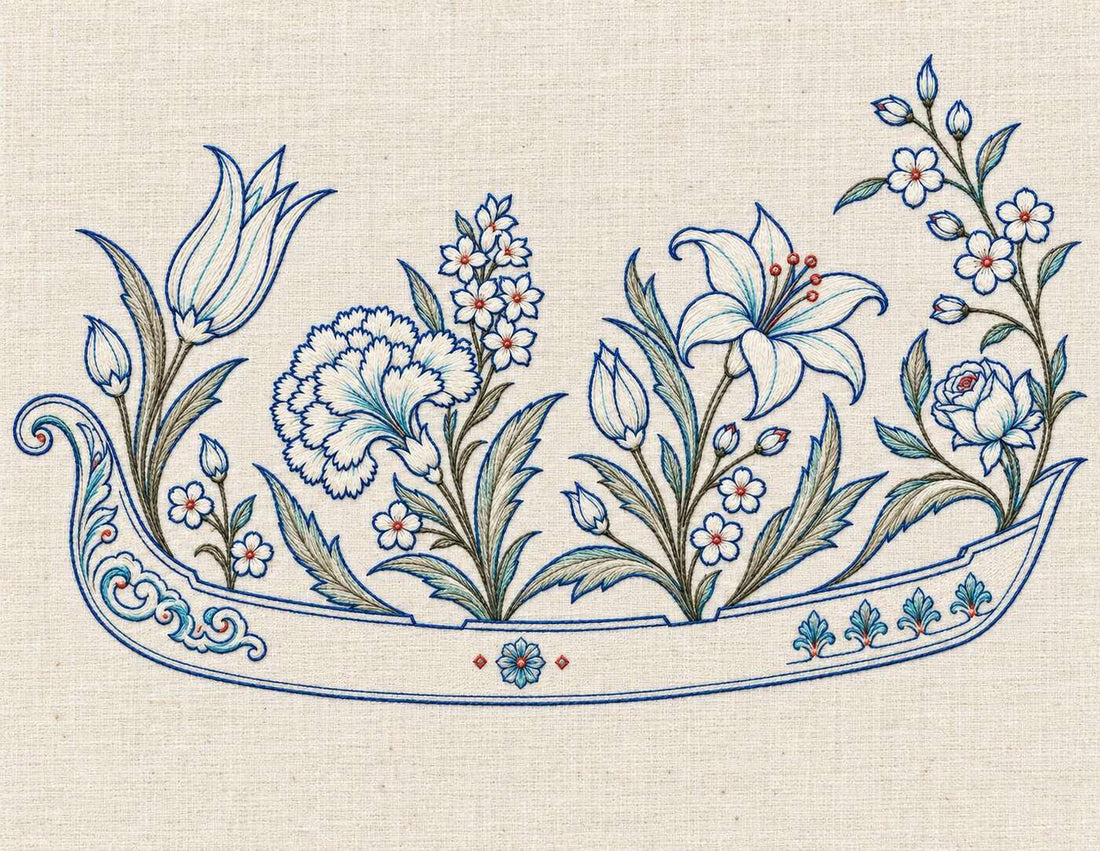 Blue white embroidered garden caique arranged as a quiet museum looking exercise