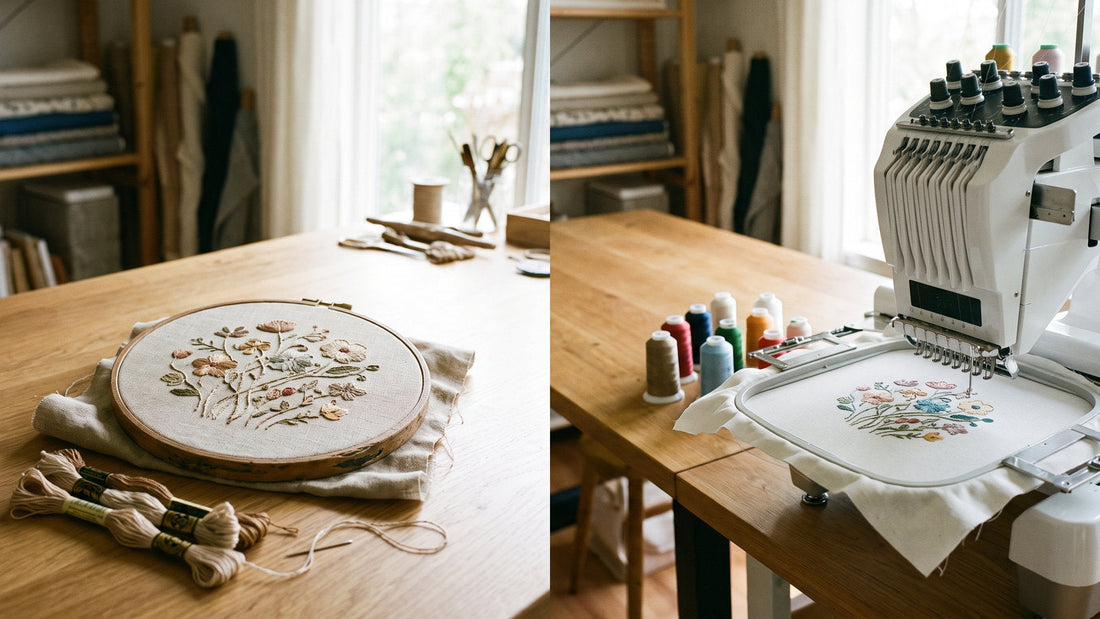 Hand embroidery and machine embroidery compared side by side in one studio