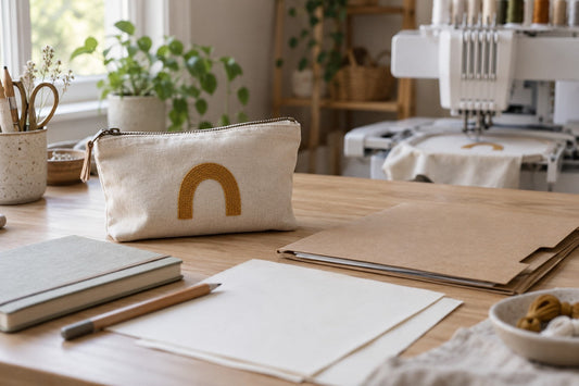 Embroidered cream pouch beside a folder and notebook in a home workspace