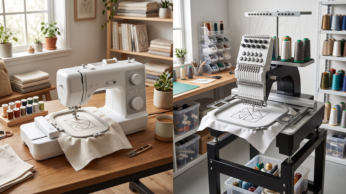Home flat-bed embroidery machine and commercial multi-needle free-arm machine compared in realistic studios