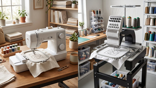 Home flat-bed embroidery machine and commercial multi-needle free-arm machine compared in realistic studios