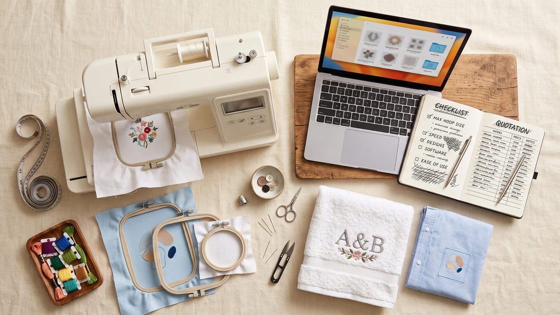 Embroidery machine buying plan with hoops, project samples, laptop and checklist