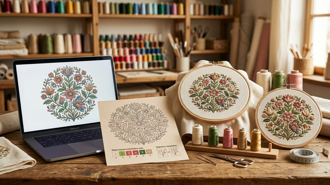Artwork, embroidery objects, stitch simulation and final test stitch shown in a digitizing workflow