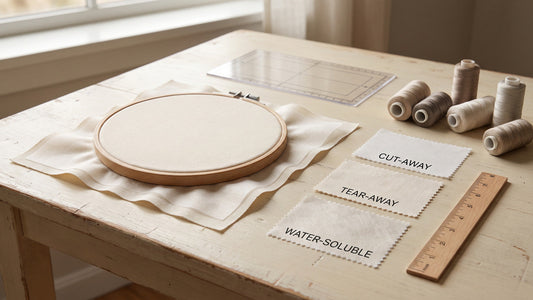 Machine embroidery hoop with fabric, cut-away backing and stabilizer samples arranged on a textile worktable