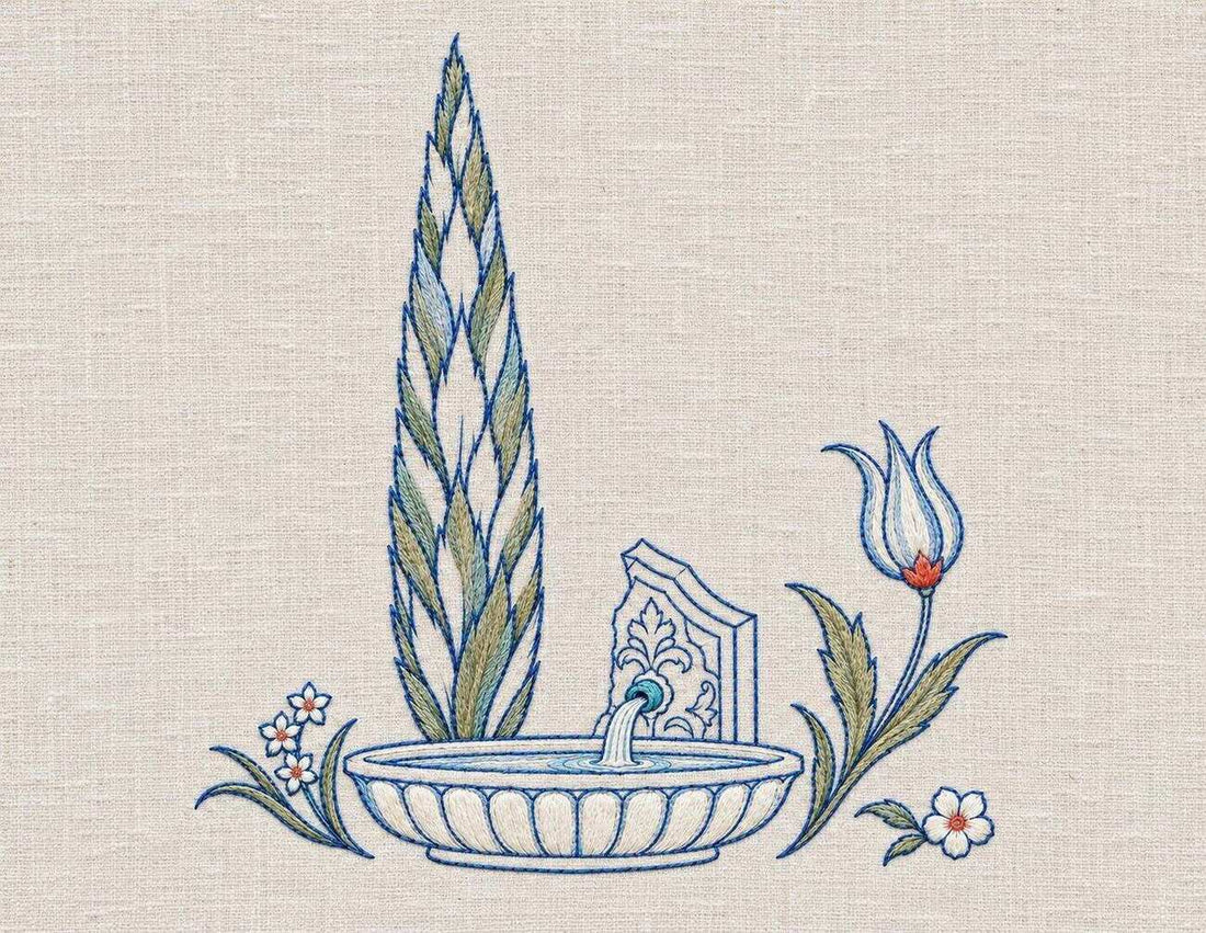 Cypress rising from a blue-white Ottoman vessel in an Iznik-inspired embroidery composition