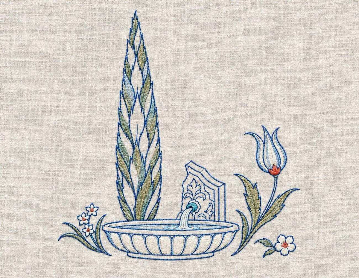 Cypress rising from a blue-white Ottoman vessel in an Iznik-inspired embroidery composition