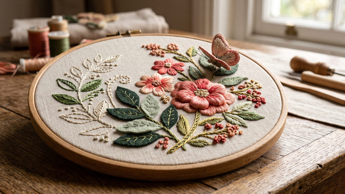 Layered botanical embroidery combining stitches, threads, appliqué and raised details