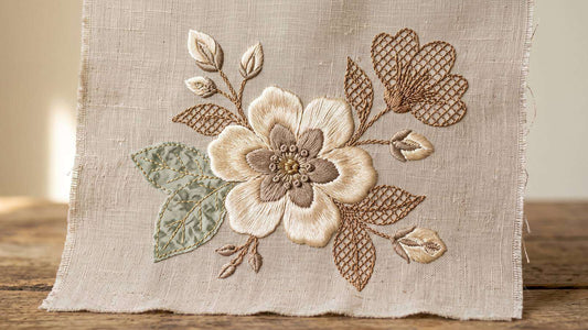 Layered machine embroidery combining satin, fill, open motifs, appliqué and metallic accents