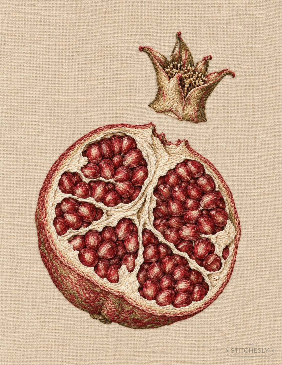 Pomegranate section with red seed chambers and a detached crown on linen, digitally generated embroidery interpretation.