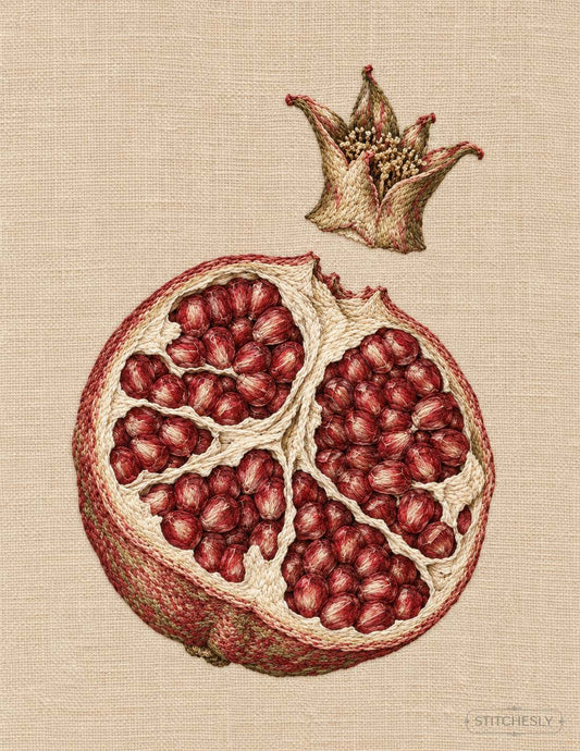 Pomegranate section with red seed chambers and a detached crown on linen, digitally generated embroidery interpretation.