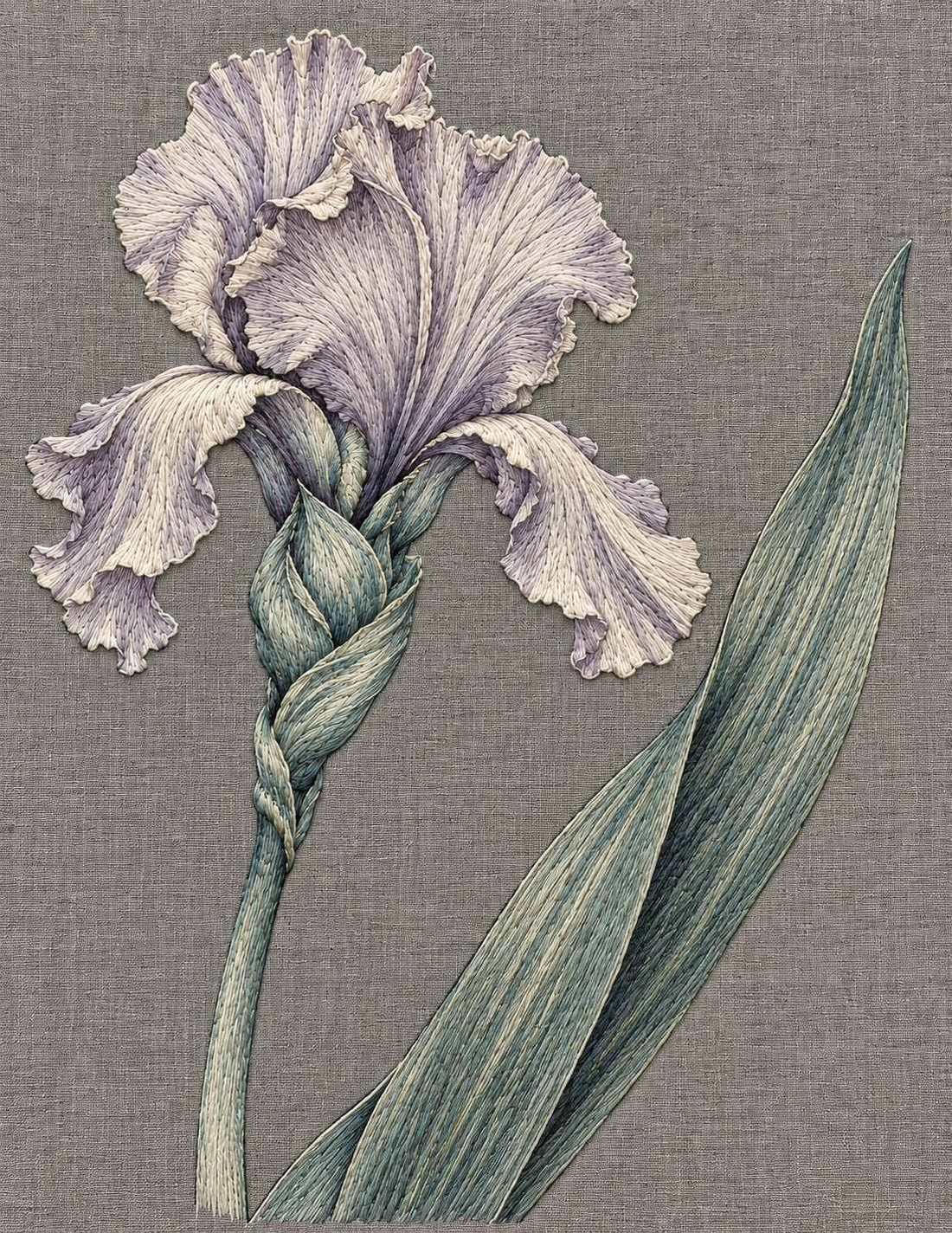 Lavender iris shown from behind beside a tall sword-like leaf on grey fabric, digitally generated embroidery interpretation.