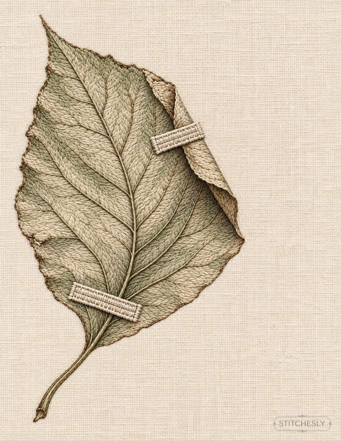 Botanical leaf crossed by two short mounting-strip forms on linen, digitally generated embroidery interpretation.