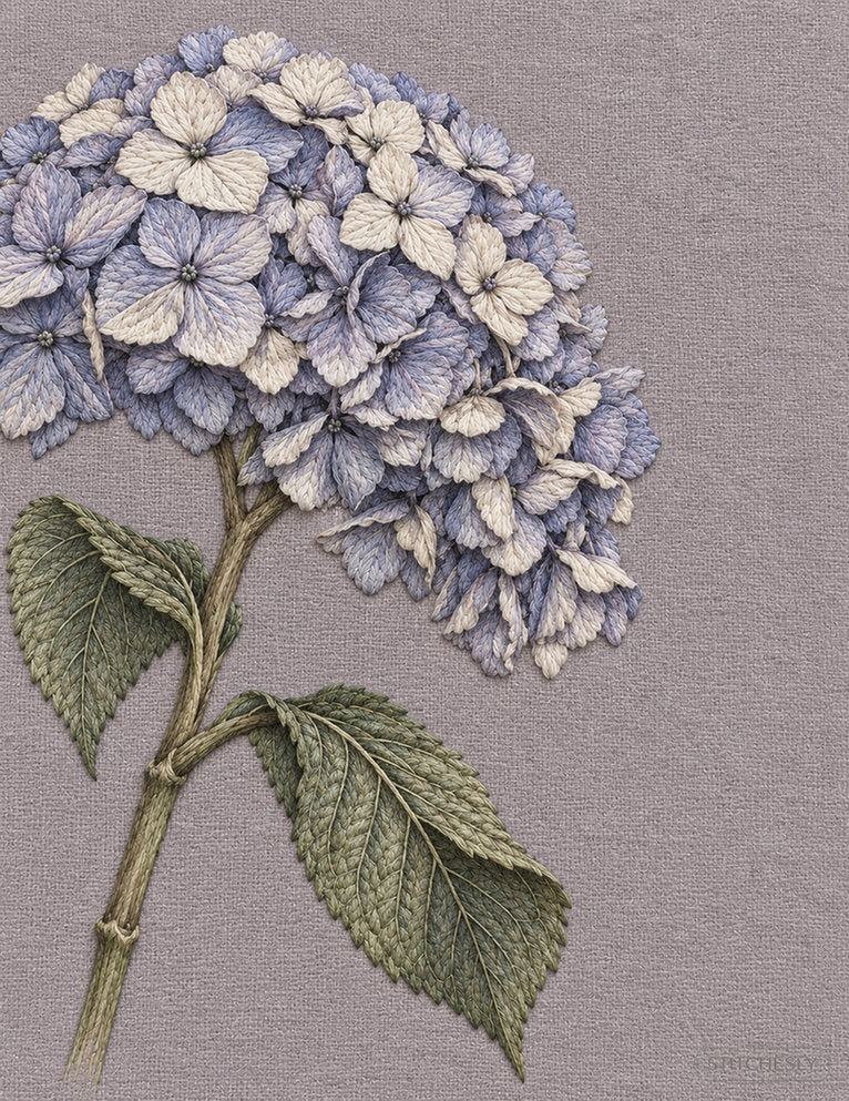 Study 31, Hydrangea Head After Rain with a Collapsed Lower Edge, an AI-assisted embroidery interpretation from The Luminous Botanical Cabinet.