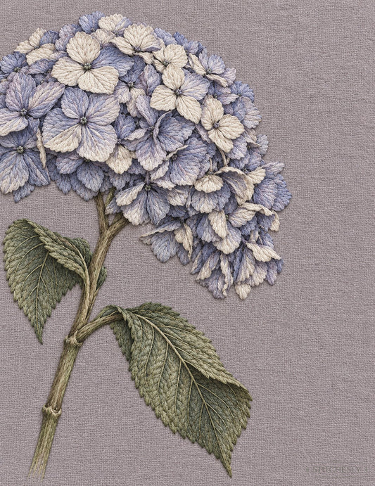Study 31, Hydrangea Head After Rain with a Collapsed Lower Edge, an AI-assisted embroidery interpretation from The Luminous Botanical Cabinet.