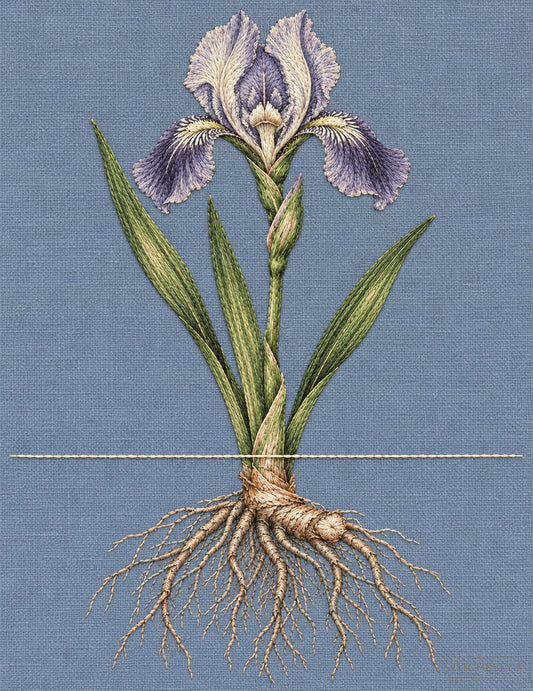 Study 78, Waterline Split — Above Bloom, Below Root, an AI-assisted embroidery interpretation from The Luminous Botanical Cabinet.