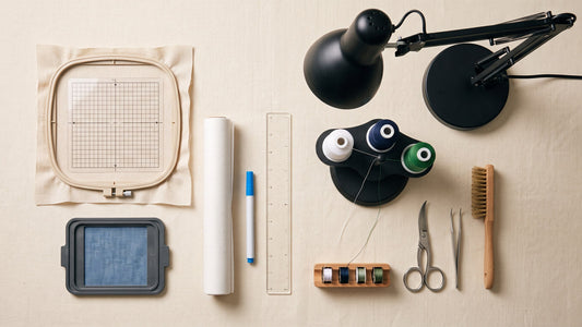 Practical machine embroidery accessories arranged by placement, hooping, thread, finishing and maintenance tasks