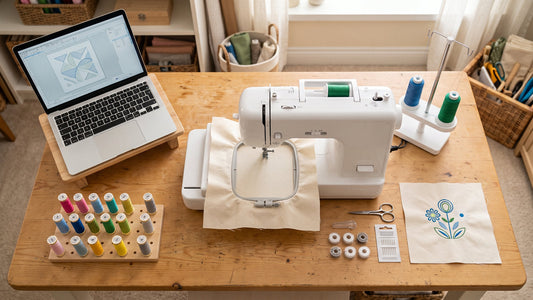 Beginner machine embroidery setup with file, hoop, stabilizer, thread and successful first sample