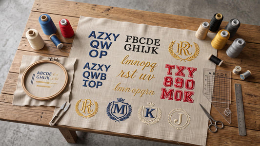 Machine embroidery lettering samples showing sans serif, serif, script, block and monogram styles