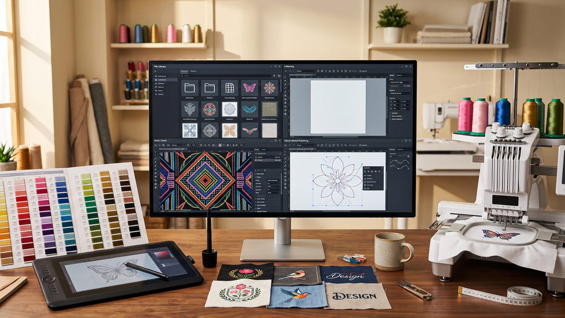 Machine embroidery software workflow for viewing, lettering, editing and digitizing