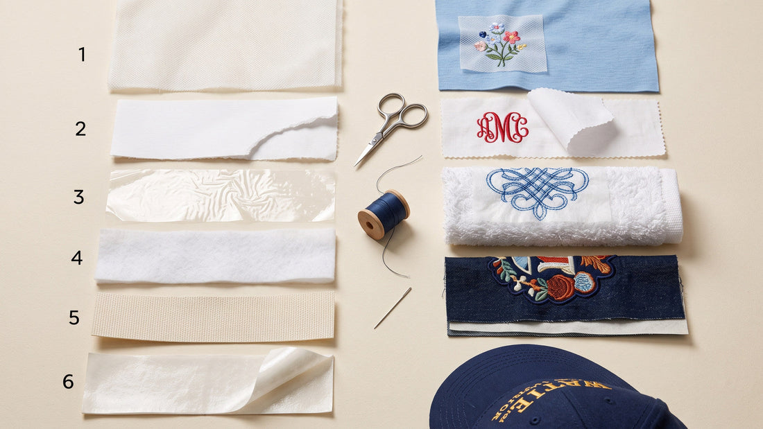 Cut-away, tear-away, water-soluble topping and specialty machine embroidery stabilizers arranged with fabric samples