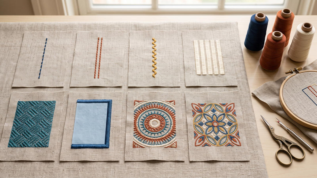 Running, bean, satin, tatami, appliqué and decorative machine embroidery stitch samples