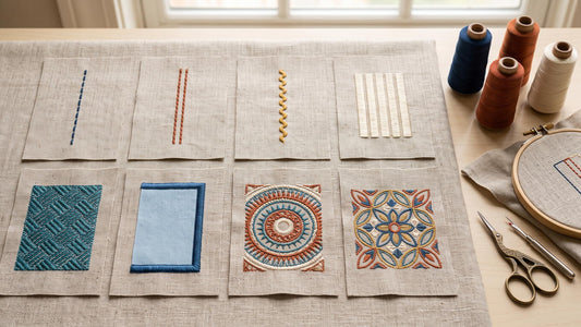 Running, bean, satin, tatami, appliqué and decorative machine embroidery stitch samples