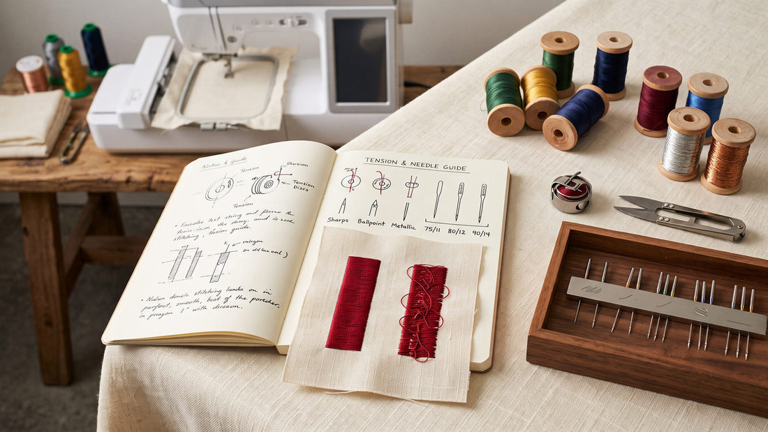 Machine embroidery tension samples with needle types, bobbin and satin columns