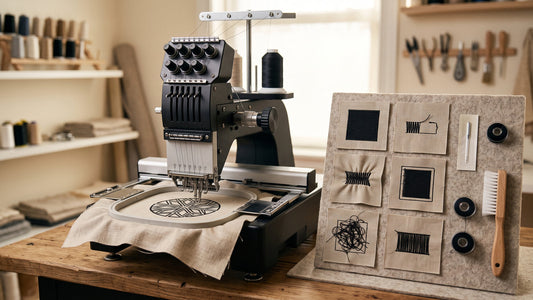 Machine embroidery troubleshooting samples for thread breaks, puckering, registration and bird nests