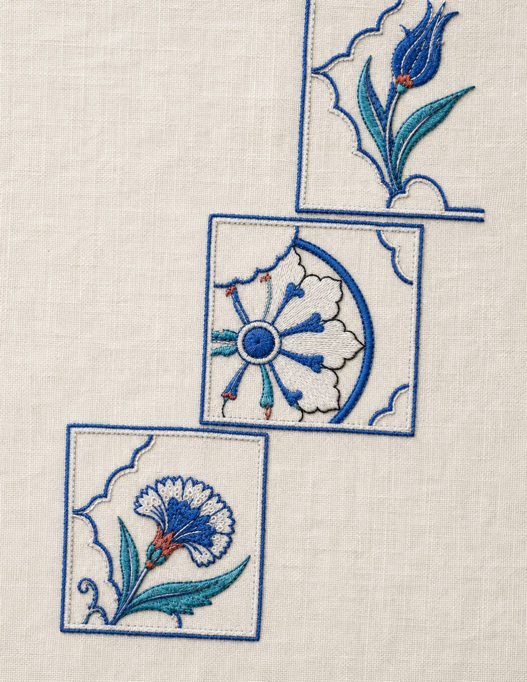 Three modular Ottoman embroidery panels showing tulip, radial flower and carnation translated into thread