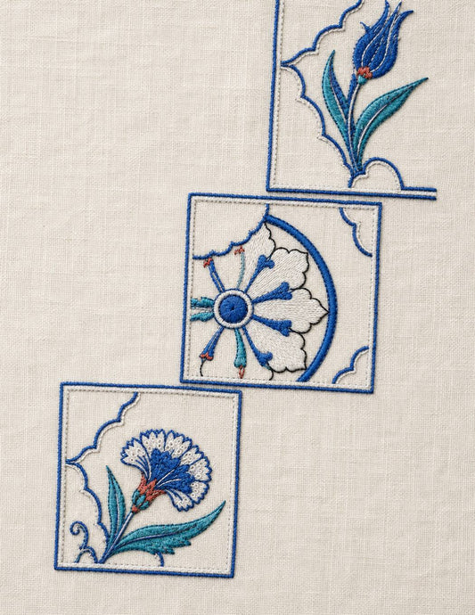 Three modular Ottoman embroidery panels showing tulip, radial flower and carnation translated into thread
