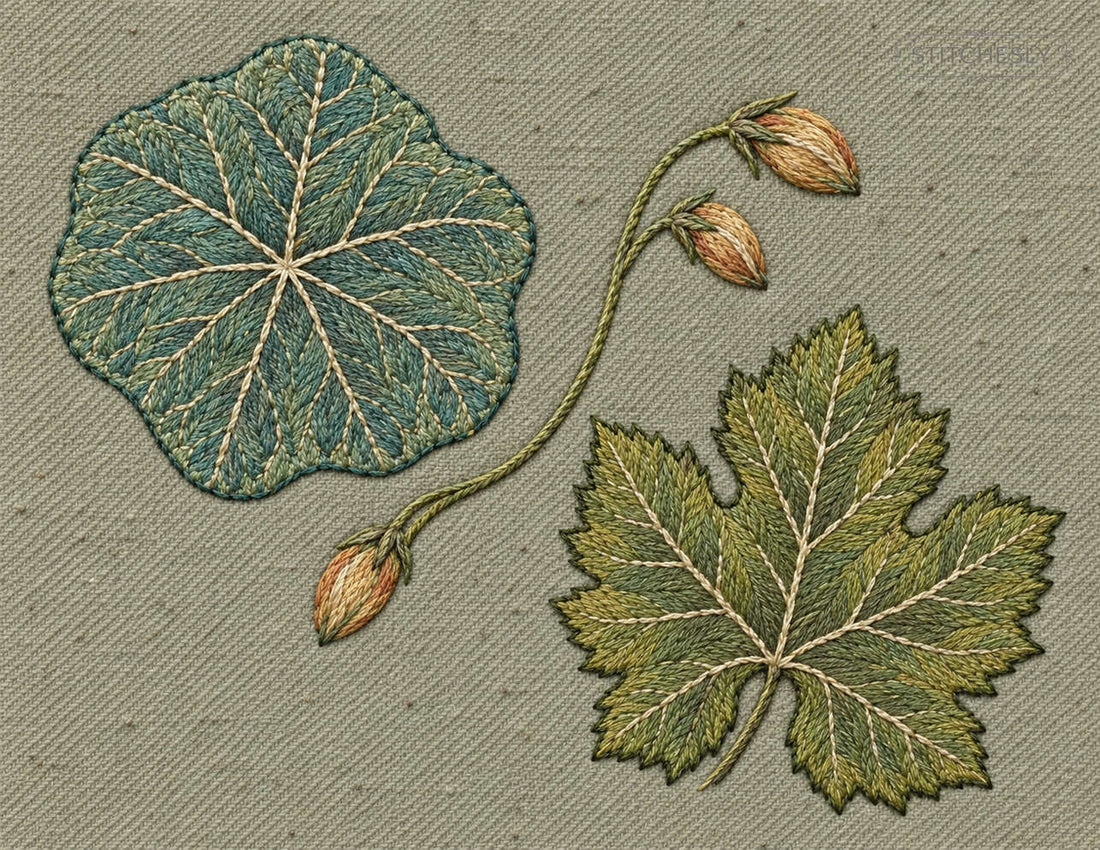 Study 15 B, Nasturtium Shield and Grapevine Leaf: AI-assisted embroidered-textile visual study from The Monumental Botanical Study.