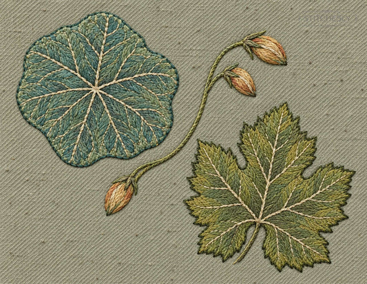Study 15 B, Nasturtium Shield and Grapevine Leaf: AI-assisted embroidered-textile visual study from The Monumental Botanical Study.