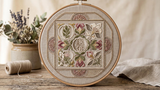Machine embroidery composition using intentional unstitched fabric in lettering, floral motifs and borders
