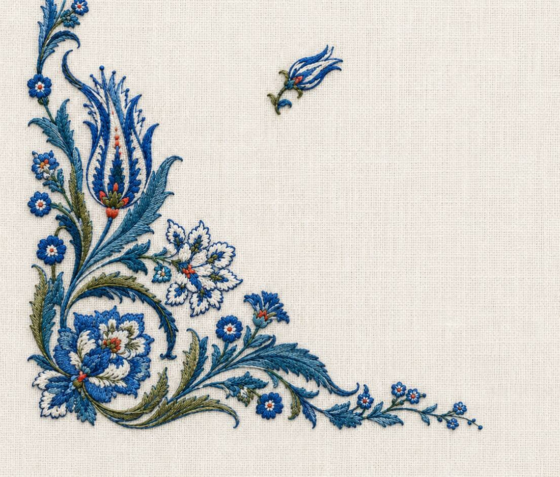 Dense blue Ottoman floral embroidery turning a corner while leaving the centre open