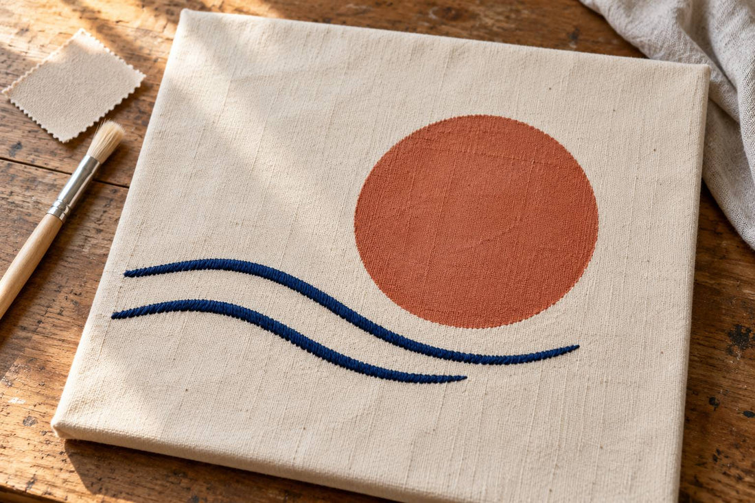 Terracotta painted disc and navy embroidered curves on cream cotton canvas