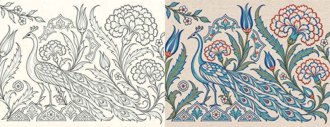 Peacock composition shown as an Ottoman floral line drawing and a contemporary blue white embroidery translation