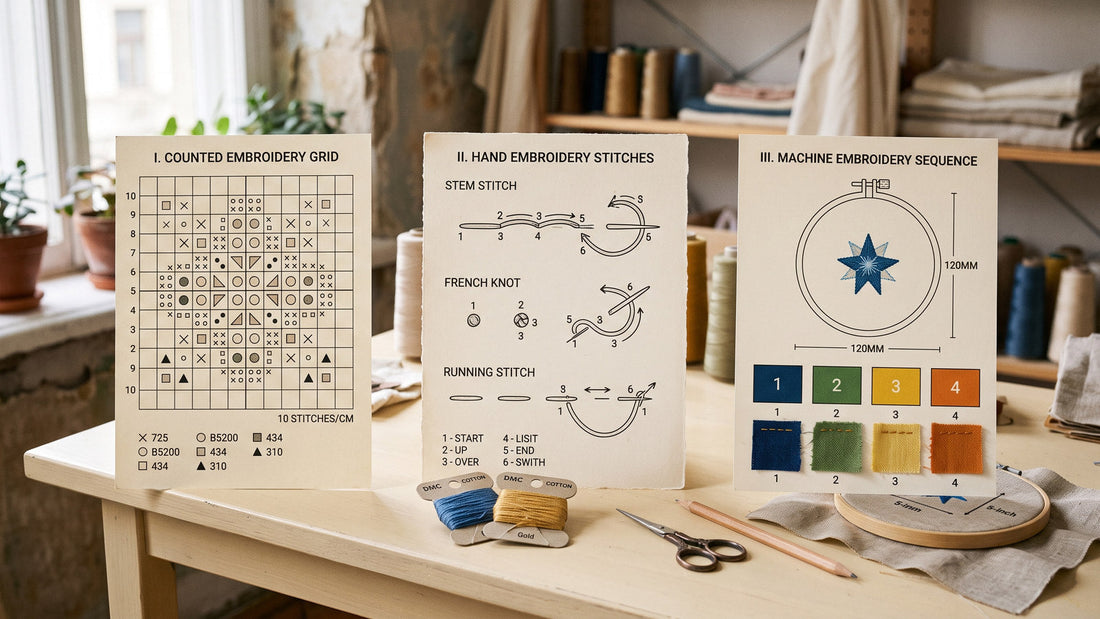 Embroidery charts, stitch diagrams and machine design information arranged for comparison