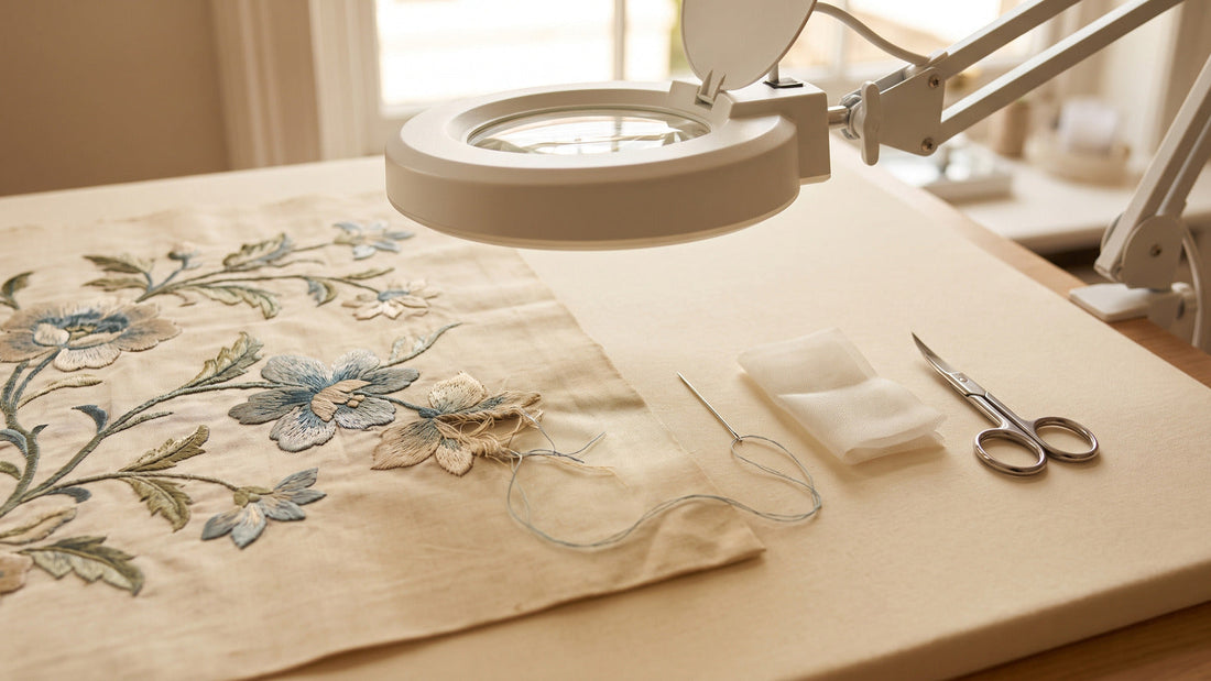 Damaged embroidery examined with matching thread, fine needle and support fabric before repair