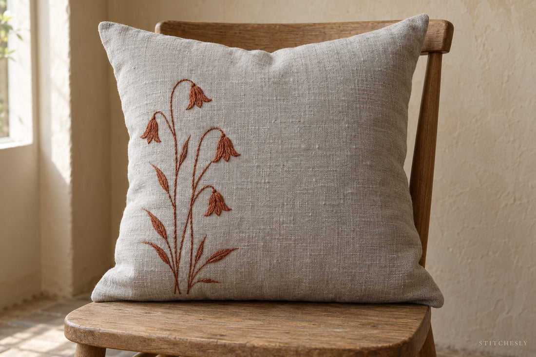 Stone-grey linen cushion with an offset rust botanical embroidery arrangement on a wooden chair.