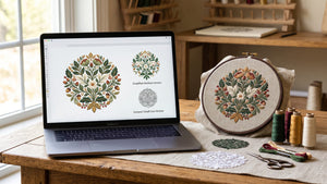 Complex illustration simplified into a clean machine embroidery design at three levels of detail